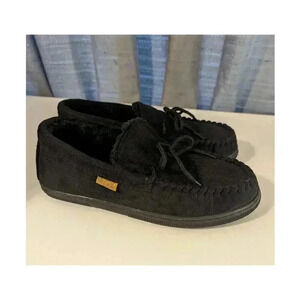 Boston Traveler Black Faux Suede Moccasin Slippers Faux Fur Lining Size 12